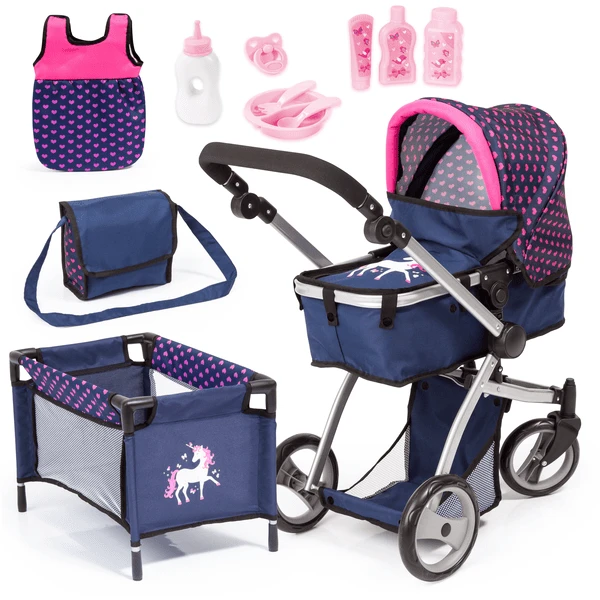 Bayer Design Kombi-Puppenwagen Mega Set, Blau Mit Herzen Und Einhorn 1 Bayer Design Kombi-Puppenwagen Mega Set, Blau Mit Herzen Und Einhorn