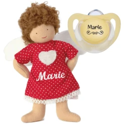 Schnullireich Geschenkset Käthe Kruse Beschütz Mich Engel Mit Namen + NUK Namensschnuller (0-6 Mon) Rot