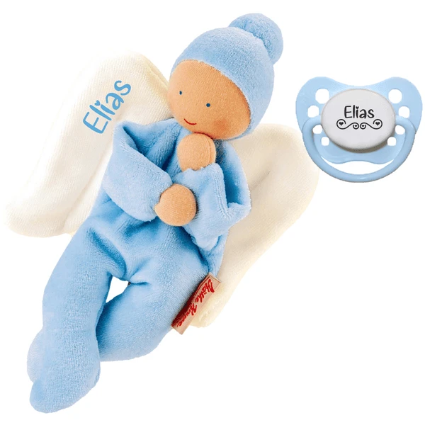 Schnullireich Geschenkset Käthe Kruse Schmusepuppe Nickibaby Engel Mit Namen + NIP Namensschnuller Blau 2 Schnullireich Geschenkset Käthe Kruse Schmusepuppe Nickibaby Engel Mit Namen + NIP Namensschnuller Blau – Bild 2