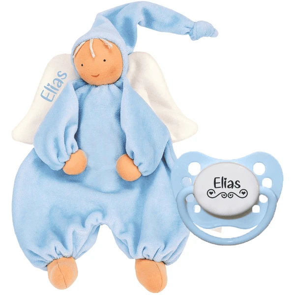 Schnullireich Geschenkset Käthe Kruse Schmusetuch Gugguli Engel Mit Namen + NIP Namensschnuller Blau 2 Schnullireich Geschenkset Käthe Kruse Schmusetuch Gugguli Engel Mit Namen + NIP Namensschnuller Blau – Bild 2