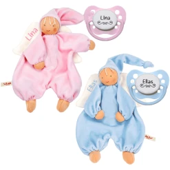 Schnullireich Geschenkset Käthe Kruse Schmusetuch Gugguli Engel Mit Namen + NIP Namensschnuller Rosa
