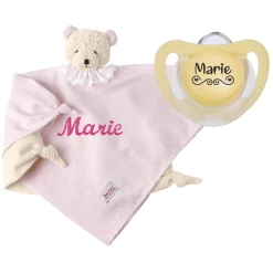 Schnullireich Geschenkset Käthe Kruse Schmusetuch Mit Namen Bär + NUK Namensschnuller (0-6 Mon) Rosa