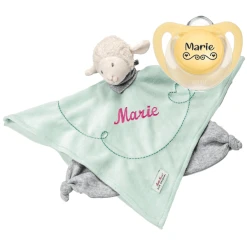 Schnullireich Geschenkset Käthe Kruse Schmusetuch Mit Namen Lamm Blau + NUK Namensschnuller 0-6 Mon. Blau