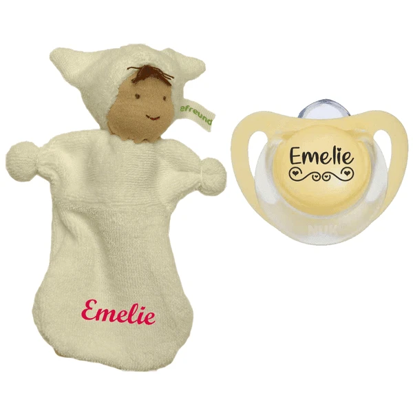 Schnullireich Geschenkset Schmusepuppe Mit Namen + NUK Schnuller (0-6 Mon) Weiß 2 Schnullireich Geschenkset Schmusepuppe Mit Namen + NUK Schnuller (0-6 Mon) Weiß – Bild 2